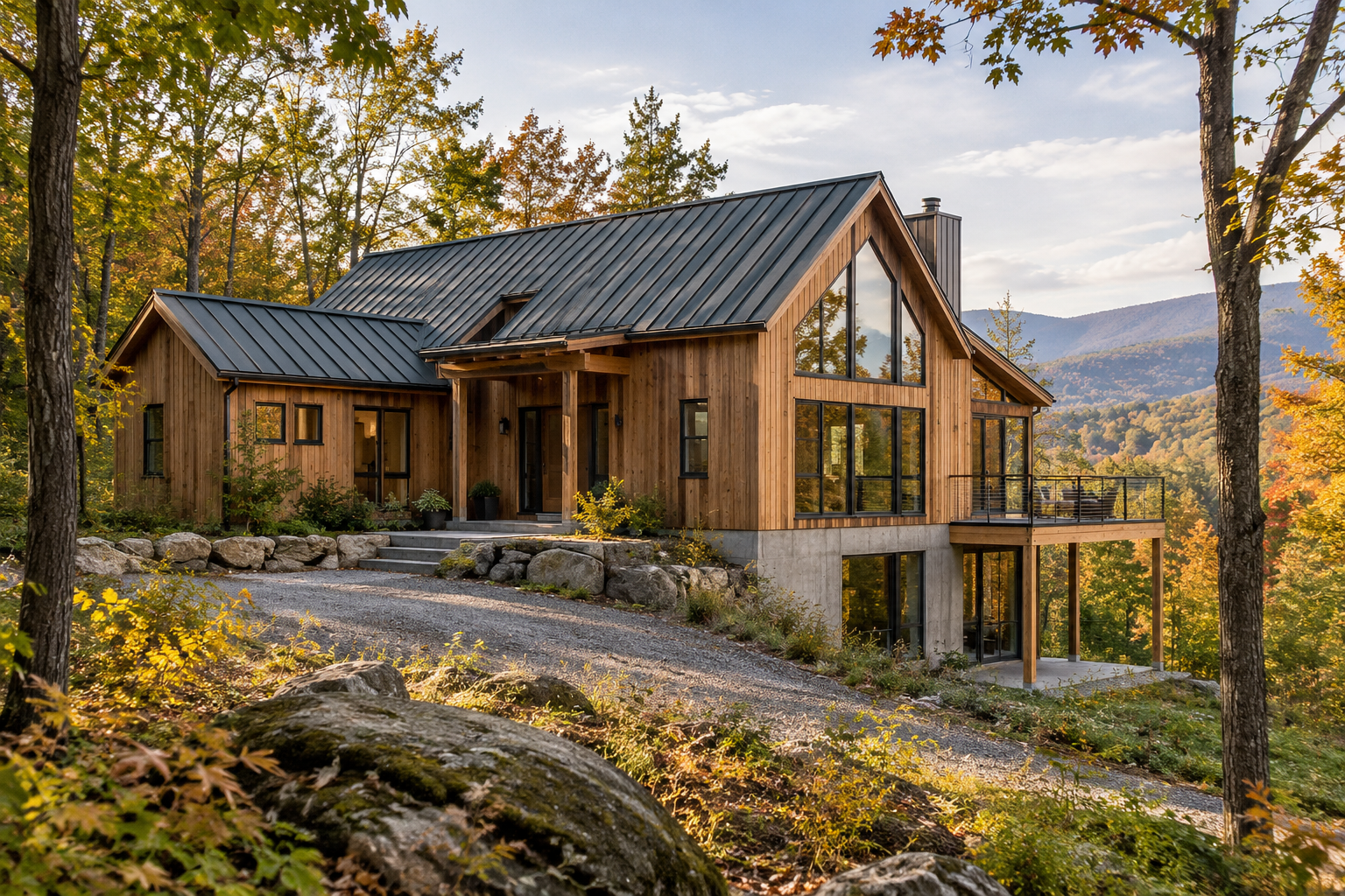 Illustrative contemporary timber home in an autumn woodland setting