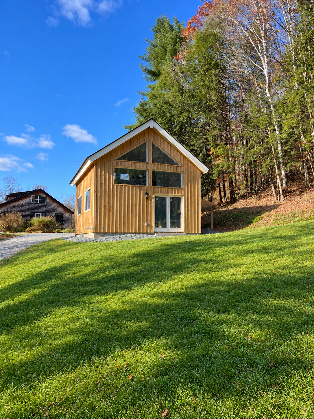 Tunbridge ADU — Front exterior with large gable windows